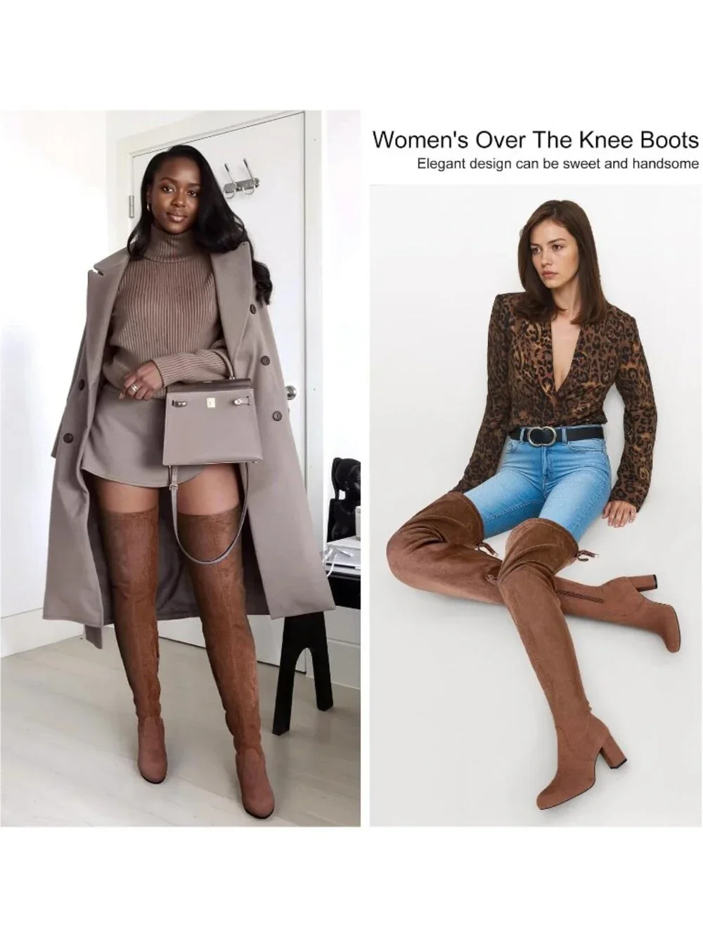 Women's Mocha Brown Suede Closed Round Toe Block Heel Over The Knee High Boots